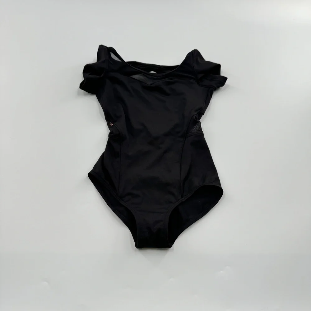 Bloch Kids Black Dance Leotard | Open Back Mesh Detail | Short Sleeve | Size 4–6